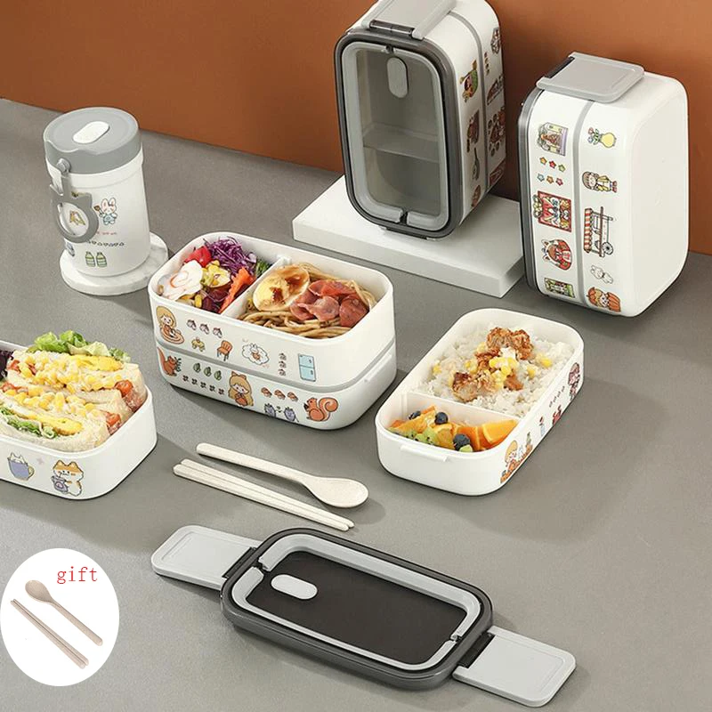 

Japanese Style Lunch Box Multi-layer Microwave Bento Box with Soup Bowl Sealed Leak-proof Food Container for Kids with Tableware
