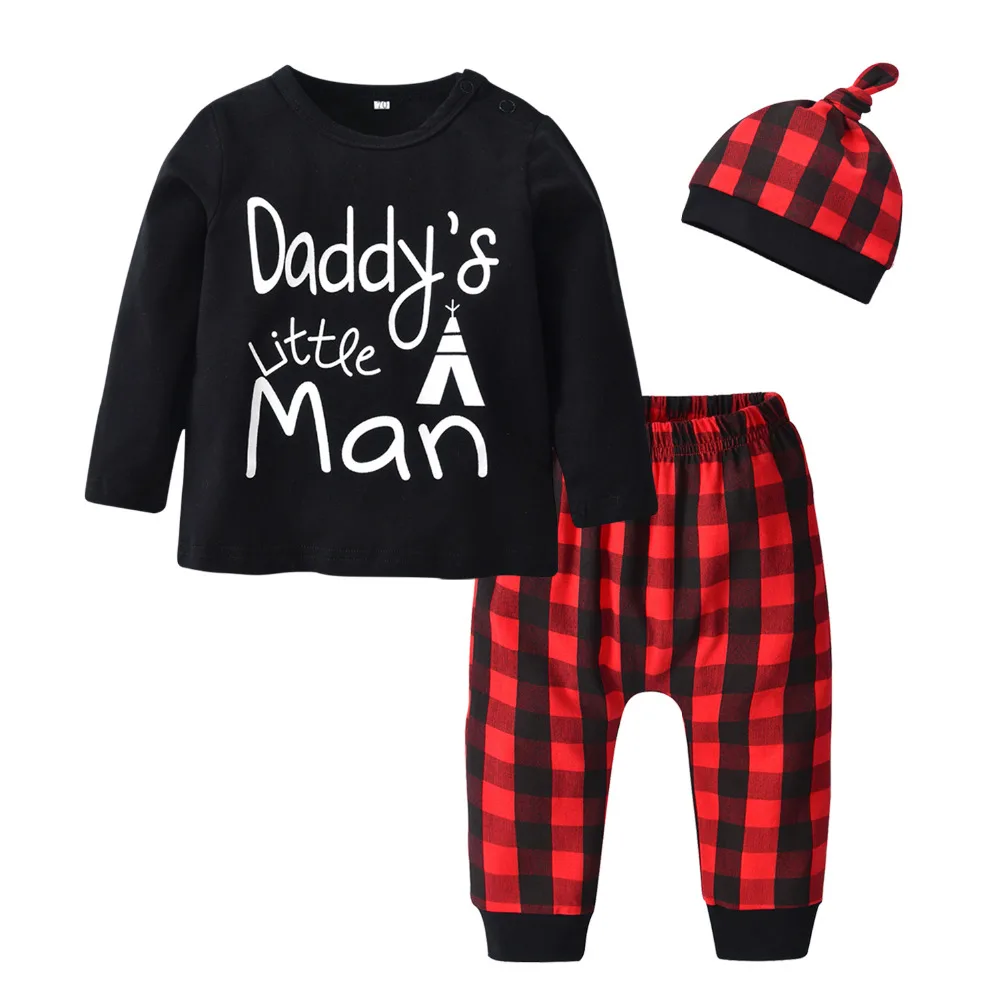 3Pcs Newborn Baby Boys Clothes Set Letter Daddy's Little Man T-shirt Tops Casual Red Plaid Pants and Hat Infant Toddler Clothing |