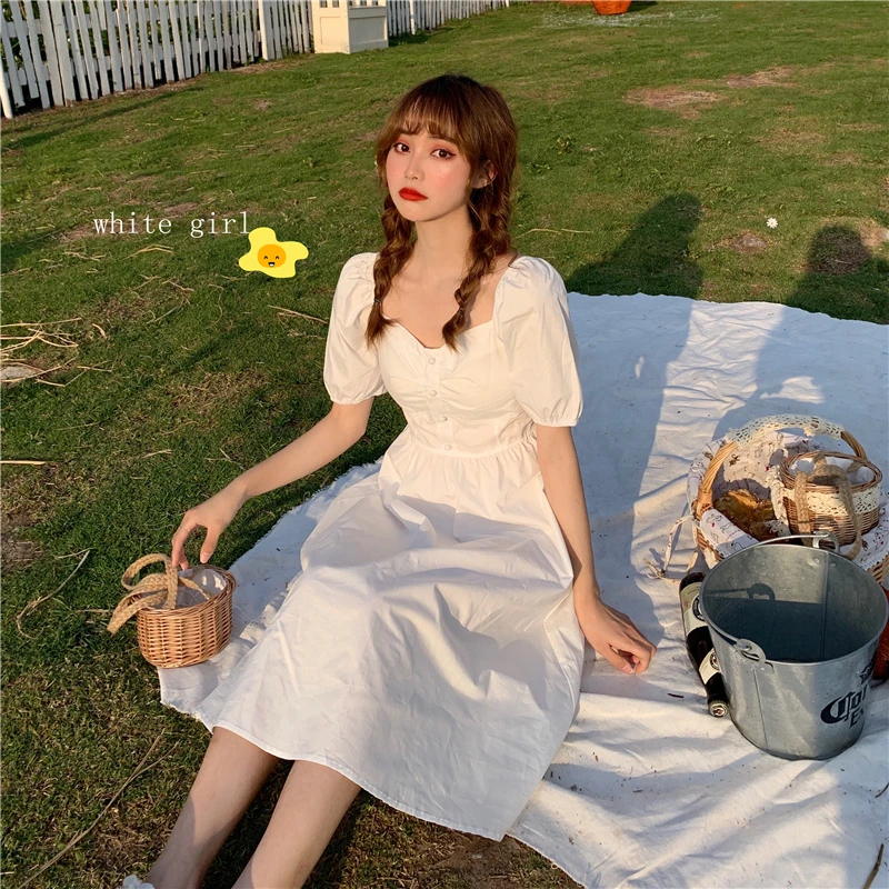 

Dress Short-sleeved Solid Color Square Collar Slim Sweet Kawaii Korean Version of All-match Women's Summer New Casual