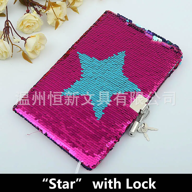 Star with Lock Бабочка с блестками, дневник с замком, А5, блокнот для леди, бумага, блестящий блокнот, офисный блокнот, канцелярские принадлежности, сделай сам, записная книжка, s - Цвет: Star with Lock