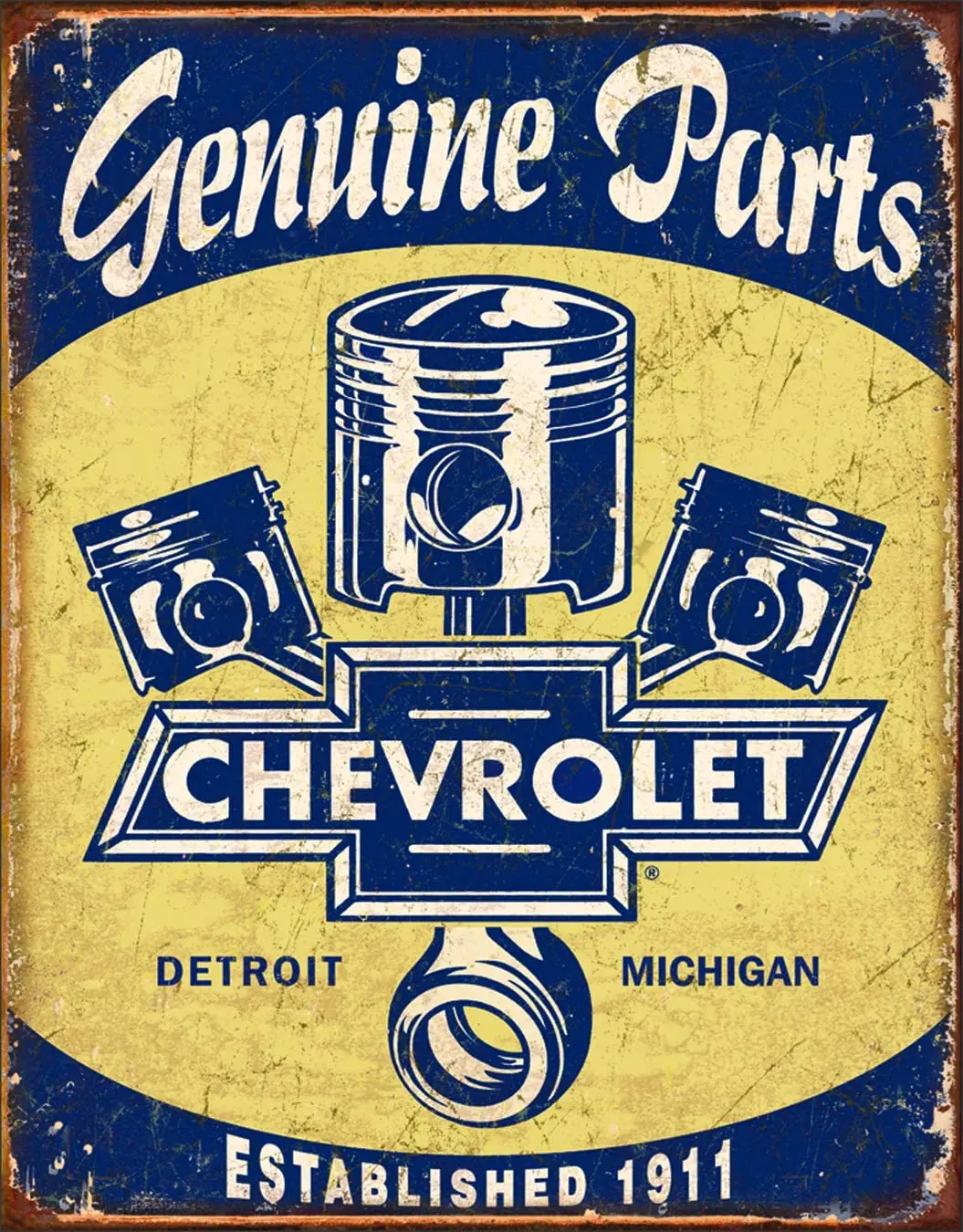 

Desperate Enterprises Chevrolet Genuine Parts Pistons Tin Sign, 12.5" W x 8" H