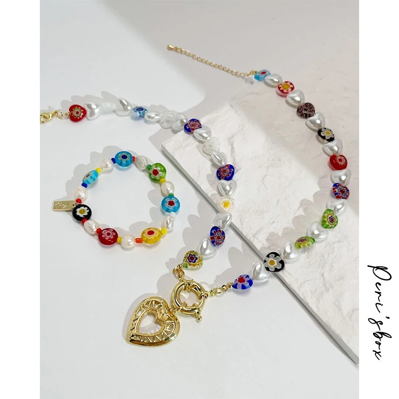 

Peri'sBox Coloured Glaze Heart Imitation Pearls Necklaces With Copper Love Pendant Summer Beach Bohemia Bracelets Necklace Sets