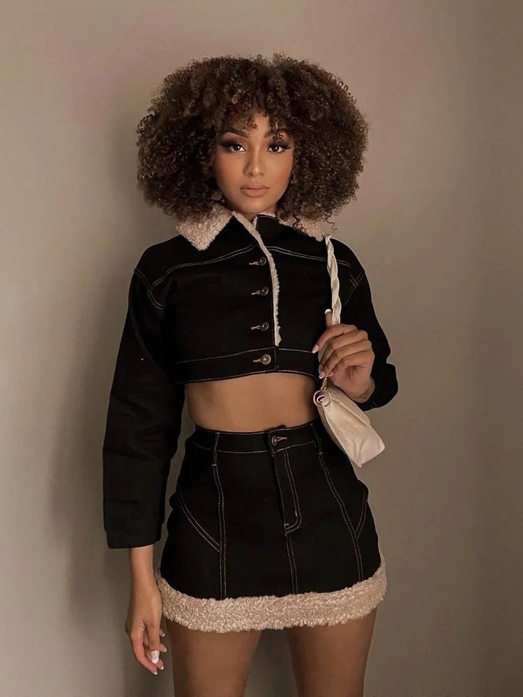 Флисовая черная джинсовая юбка InsGoth Goth в стиле Харадзюку гранж-панк облегающие