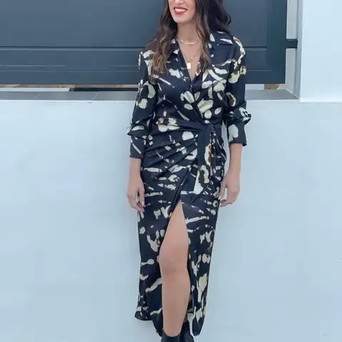 BBWM Summer Women Elegant Black Print V-Neck Dress Female Vintage Lady Casual Streetwear Folds Chic Slim Split Midi Dresses