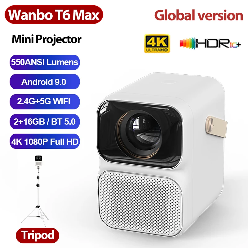 Global Version Wanbo T6 Max Android 9.0 1080P Projector 550ANSI Lumens Electric-Focus 5G WIFI BT5.0 2+16GB AI Voice Home Theater |