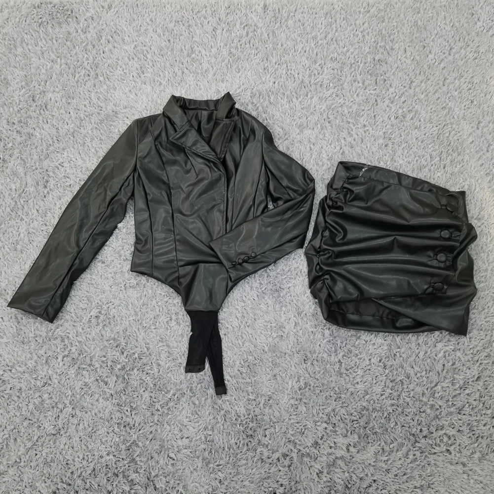 

3 Colors Women Sexy Fashion Long Sleeve Button Leather Bodysuit Skirts 2 Pieces Set Party Celebrity Women Clothing Set