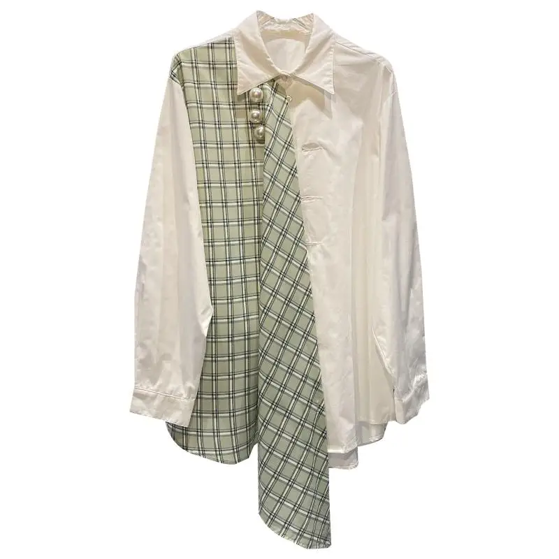

2021 Summer New Women Shirts Plaid Stitching Irregular Design Pearl Button Long Sleeve Shirt