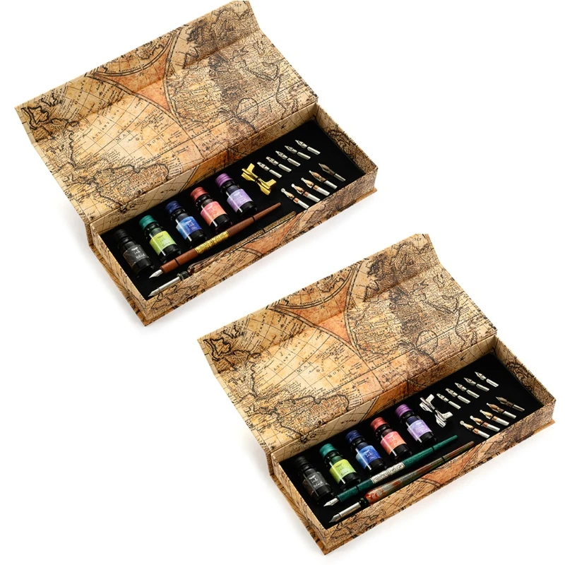 

Gothic Writing Pen Handcrafted Retro Quill Pen Set Writing Quill Dip Pen w/ 2 Straight Pen Rod 5 Colorful lnk Bottle