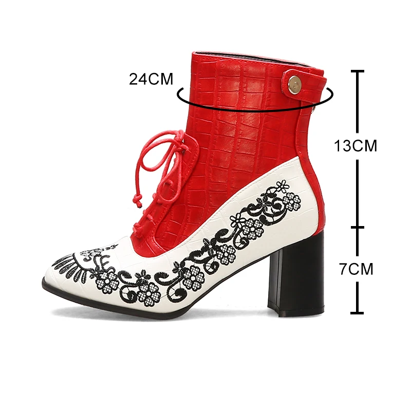 Retro Printed Booties Leather Women Ankle Boots Embroidery High Heels Casual Woman Shoe Zipper Vintage Female Footwear Boot 37