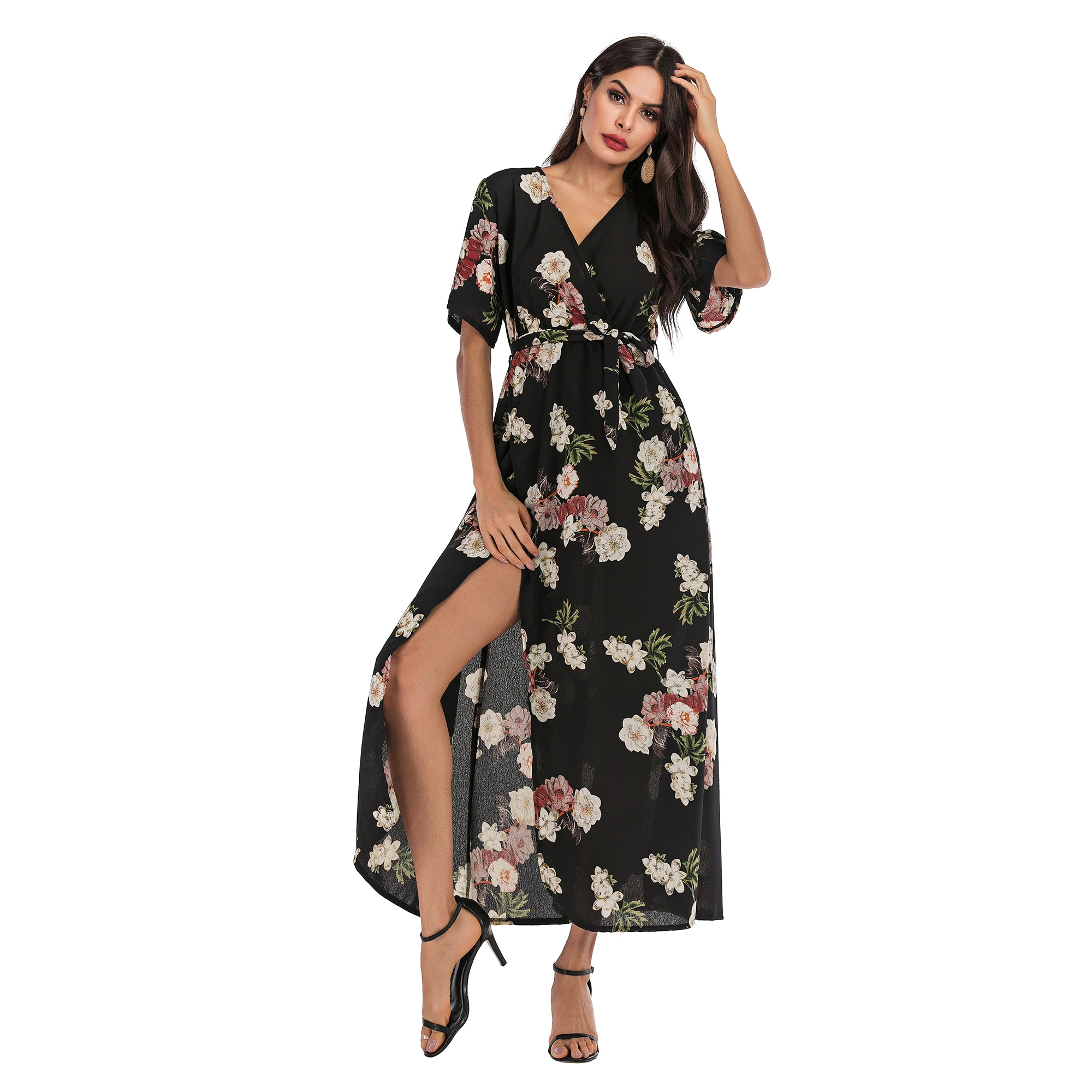 

Chiffon Fashion Summer Dresses Casual 2021 Short Sleeve Floral Print High Fork V-Neck Maxi Beach Dress Elegant Women Vacation