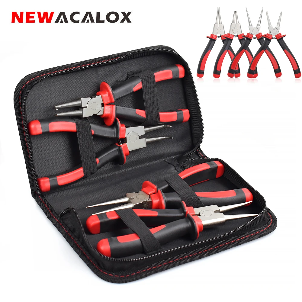 

NEWACALOX 7" Circlip Pliers Set Internal External Bent Straight Tip Circlip Pliers Snap Ring Pliers Mechanical Tools Mini Pliers