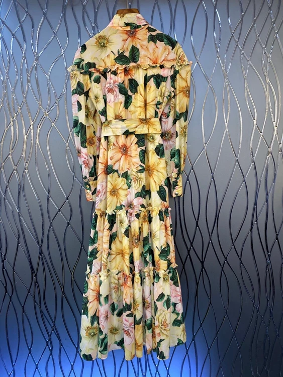 

2020 autumn and winter new women's neckline tie ribbon knotted decorative printing long-sleeved long dress 1215