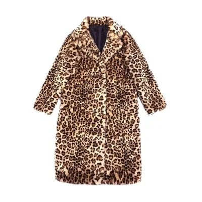 

TRODEAMStore Classic Leopard Print Fur Long Coat with TurnDown Collar Plush All-match Windbreaker for Women Winter Trendy Jacket