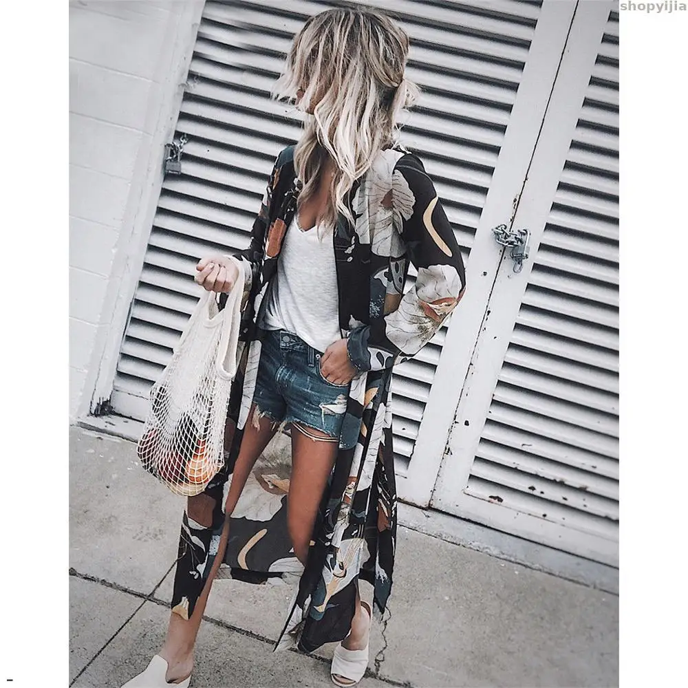 Fashion Spring Summer Beach Cover Up Long Tops Kimono Cardigan Floral Printed Sleeve Boho Loose Ladies Shirts Women Chiffon | Женская