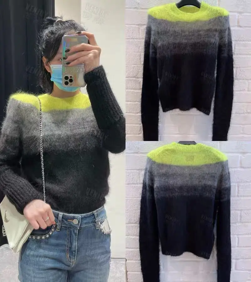 

Fashion Classic Brand Luxury 2021 Autumn Winter New Design Mohair Crew Neck Gradient Women Long Sleeved Casual Sweater Z1