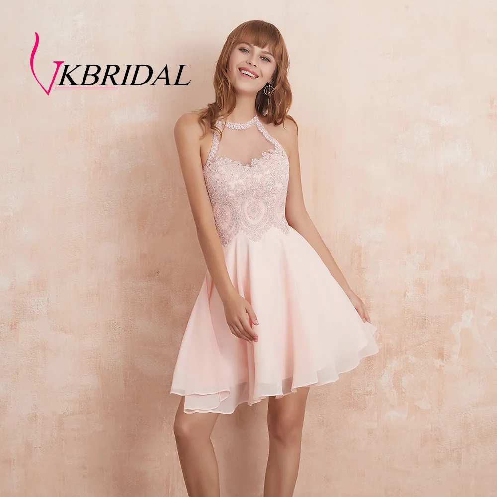 Женское короткое платье с лямкой на шее VKBRIDAL розовое шифоновое для выпускного