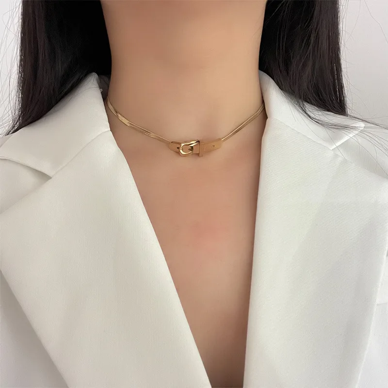 

Stainless Steel Minimalist Metal Belt Buckle Chokers Necklaces For Women Female Trendy Jewelry Hip Hop Chain Necklace Punk Party