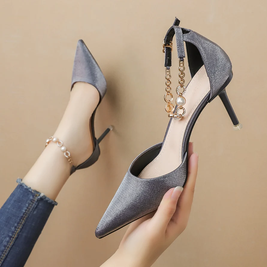 Женские туфли на высоком каблуке босоножки с металлической цепочкой и пряжкой