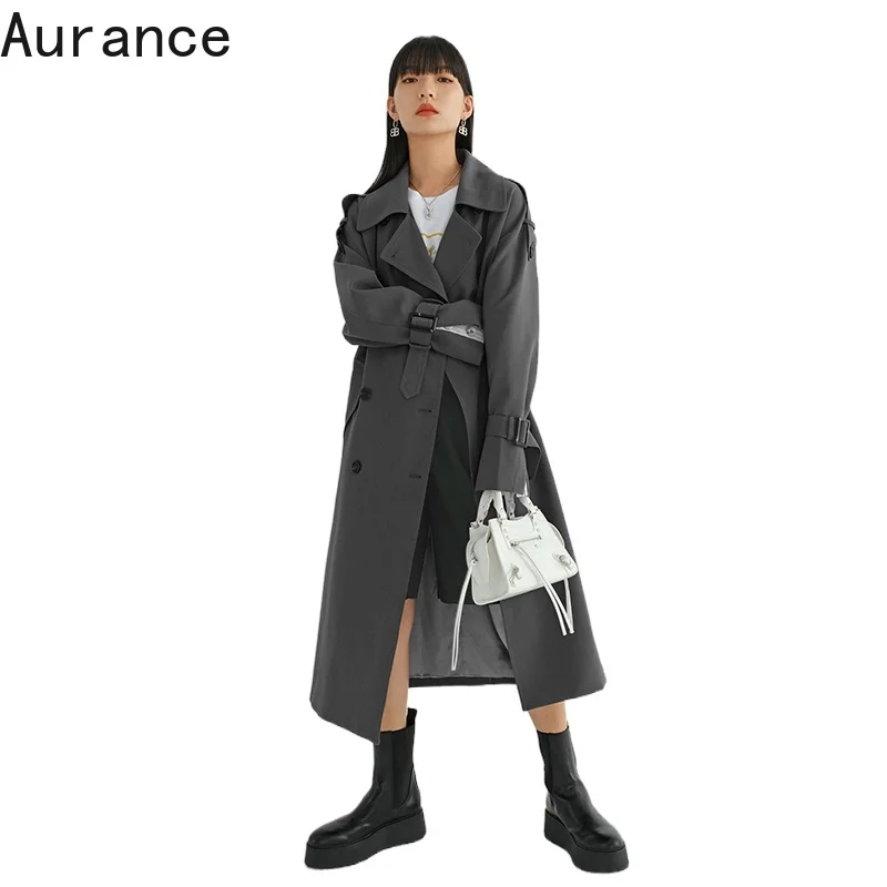 

[Aurance] Women Long Sleeve Loose Gray Pockets Long Trench New Notched Fit Windbreaker Fashion Tide Spring Autumn female 2021