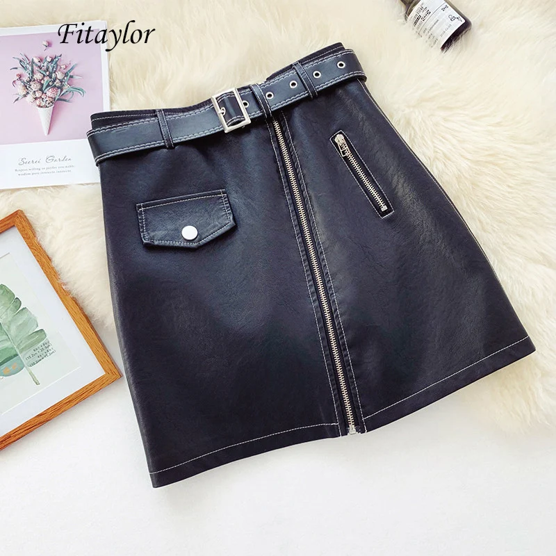 Юбка-мини женская из экокожи на молнии с высокой талией и поясом | Женская одежда