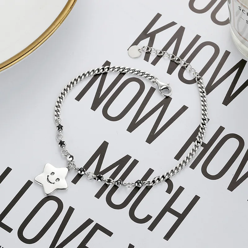 Серебряный браслет, универсальный тайский серебряный бриллиантовый со смайликом и пятиконечной звездой, Модный корейский Ретро Браслет, п...