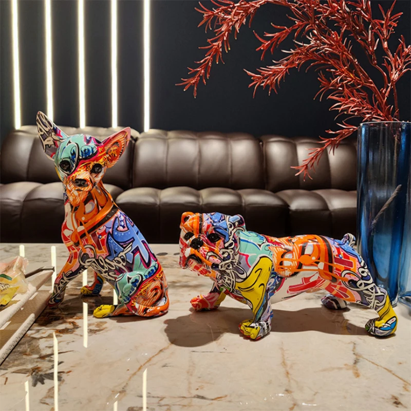 

Graffiti Resin Chihuahua Figurine Bulldog Table Art Statues New Year Gift Home Decor Ornaments Xmas Animal Figure Cabinet Crafts