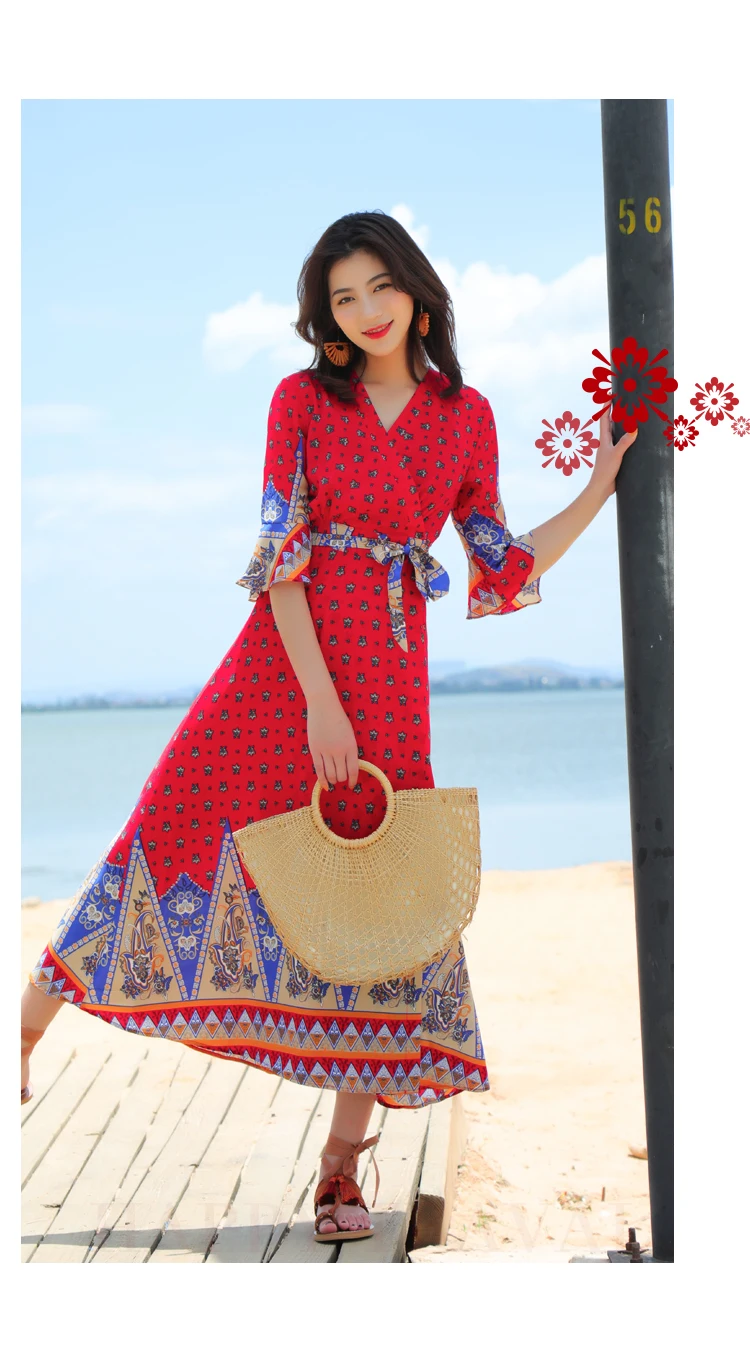 

summer holiday bohe dresses women vestidos de mujer women boho long red maxi dress