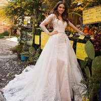 luxury mermaid wedding dresses long sleeve tulle detachable train 2 in 1 lace applique wedding gowns v neck tailor made