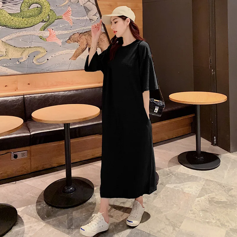 

Women Summer Dress Maxi Loose Cotton Oversize Long Vestidos Casual Plain Korean Style Gray Black Homewear with Side Pockets