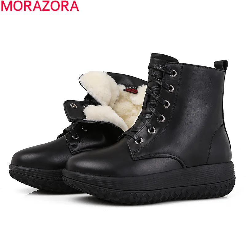 

MORAZORA Size 35-41 2021 New Nature Wool Snow Boots Women Lace Up Genuine Leather Ankle Boots Platform Winter Botas Female Shoes