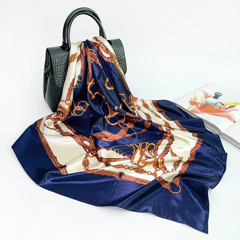 

Silk Scarf Women Spring and Summer 2021 New Chain Printed Large Square Scarf Satin European and American Scarf Shawl 90*90cm