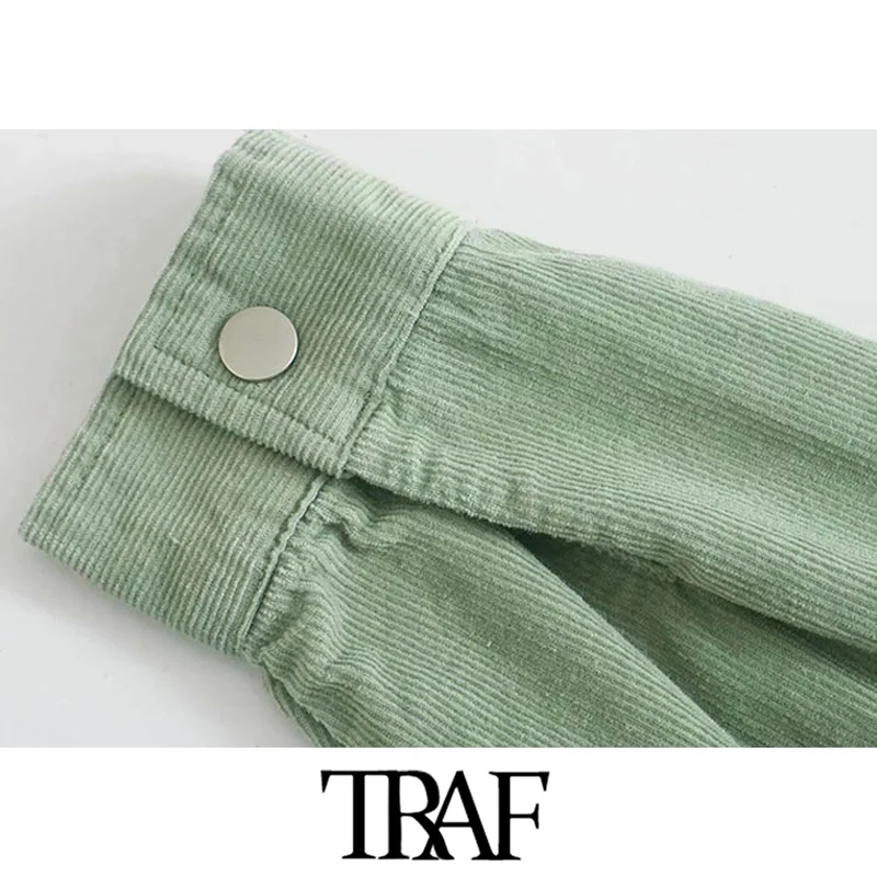 

TRAF Women Fashion Pockets Oversized Corduroy Jacket Coat Vintage Long Sleeve Snap-button Female Outerwear Chic Tops