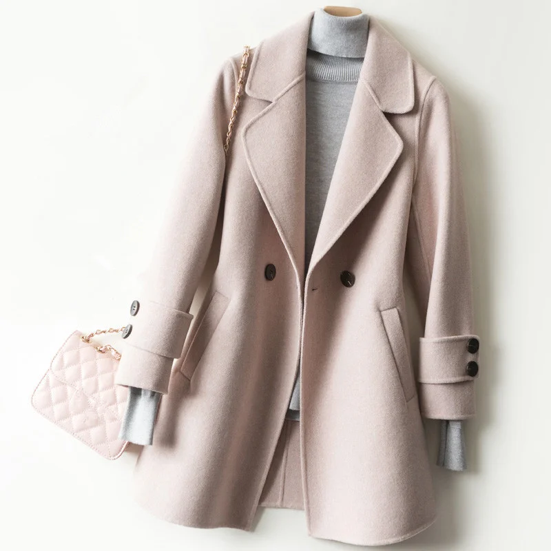 

Autumn Winter Korean Fashion Mid Long Double-Sided Woolen Coat Women Outerwear Loose Suit Collar Office Lady Wool Jacket Female