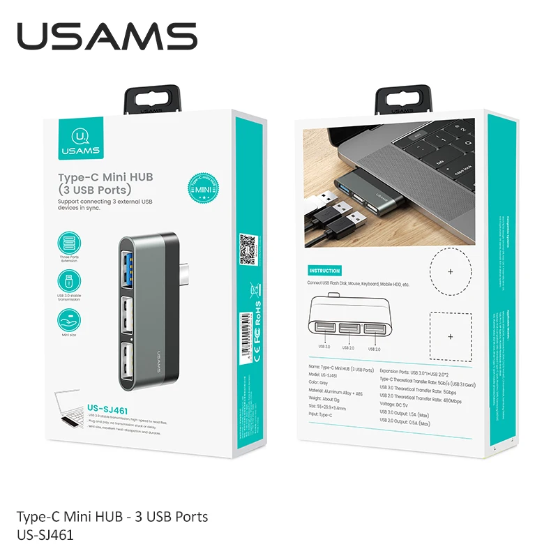 

USAMS Type-C Cable Mini Hub USB 3.0 2.0 Hub Multi USB Splitter Adapter For iPad Pro/Laptop/Phone/PC USB-Hub Expander High Speed