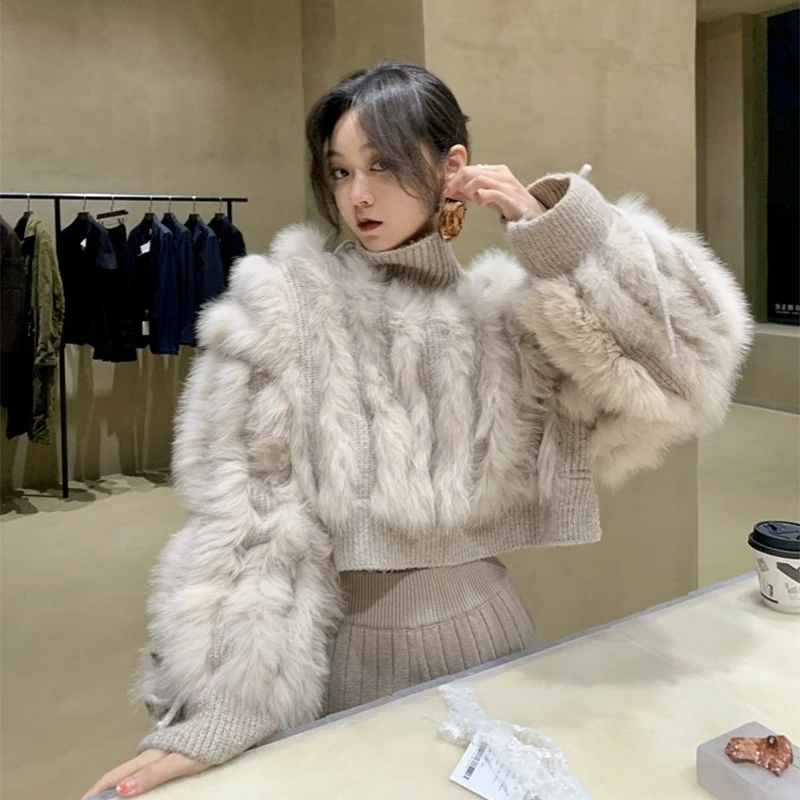 Women Fashion Real Fox Fur Strip Knitted Turtleneck Sweater Real Fur Trim Loose Autumn Spring Short Sweater Coat