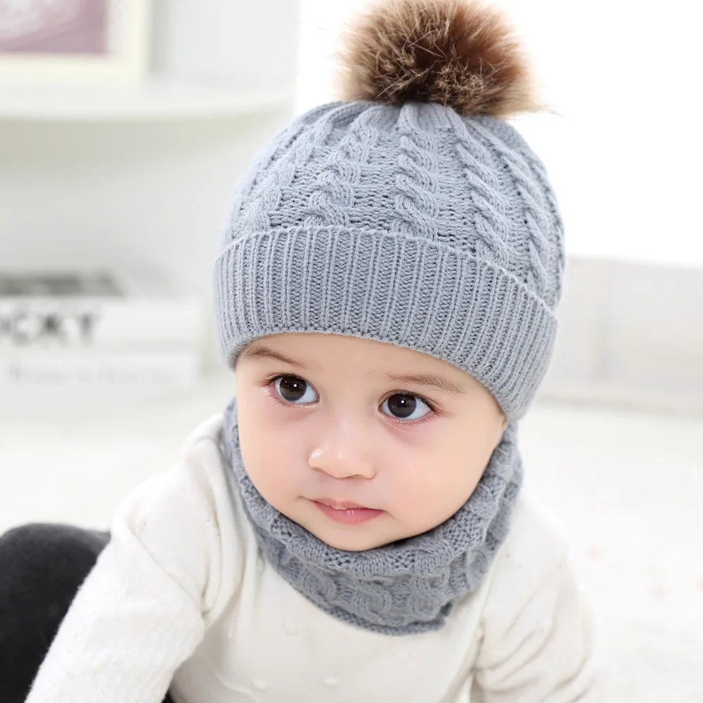 

Kids Beanies Hats Baby hat children Thick scarf Keep warm Pure color Knitted Two-piece hat scarf 0 to 3 years old baby hats