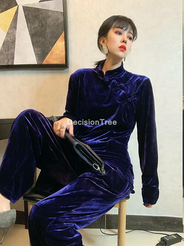 Женский Восточный Костюм Ципао из топа и брюк традиционная китайская одежда