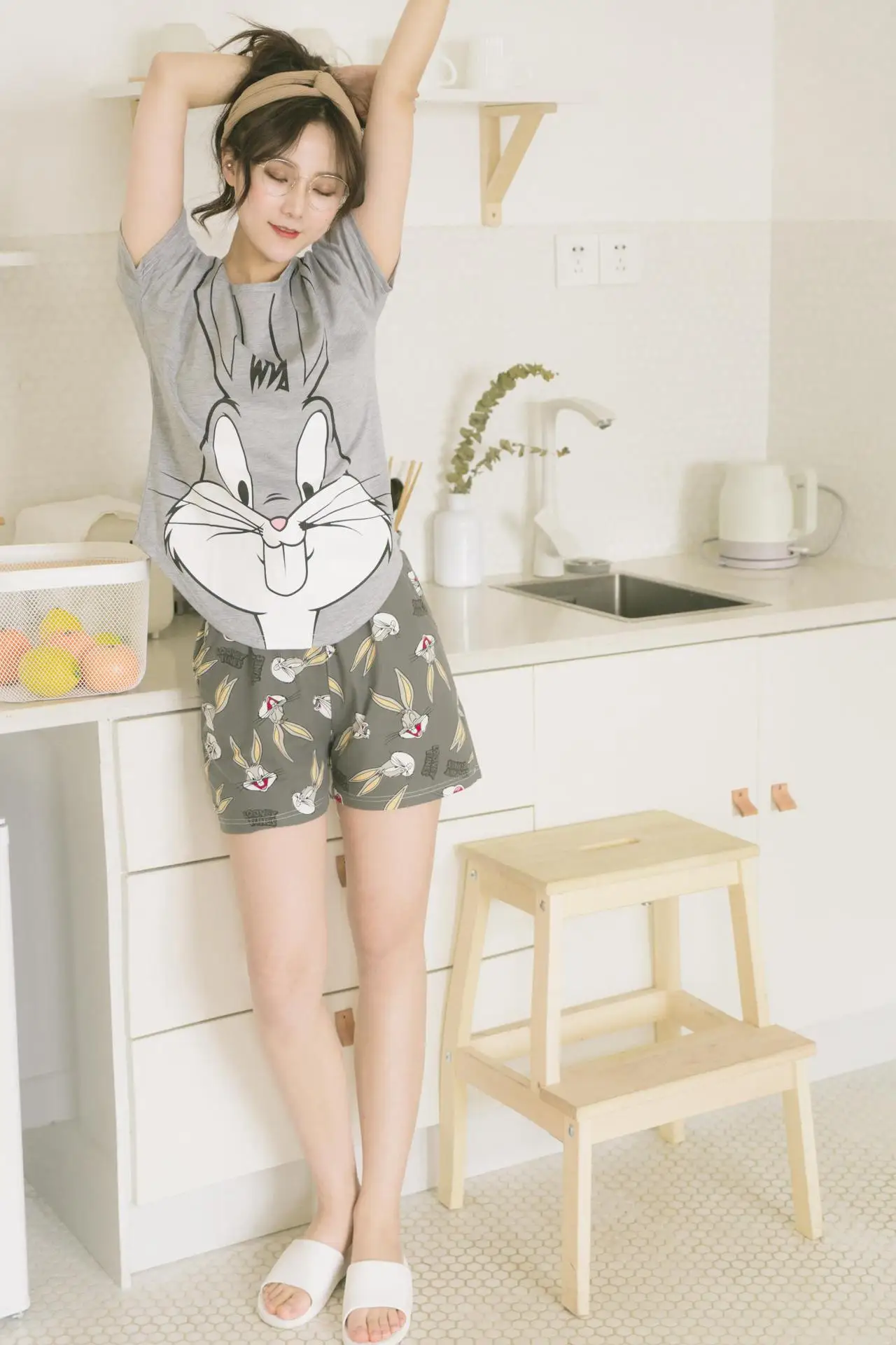Summer women's thin section cute cartoon sleepwear shorts+ short-sleeved shirt pajamas set comfortable casual nightwear two-pie