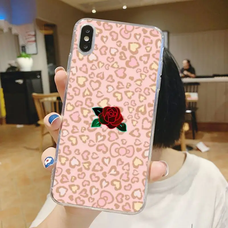 

pink Leopard ross flowers pattern Phone Case Transparent for iPhone 6 7 8 11 12 s mini pro X XS XR MAX Plus