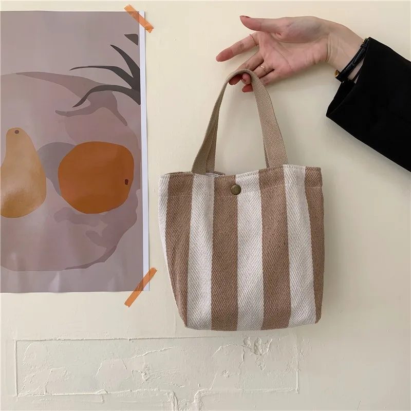 

Korean Striped Portable Lunch Bag Children Canvas Lunch Box Bag Women Casual Small Hand Bags Picnic Food Storage Handbags New