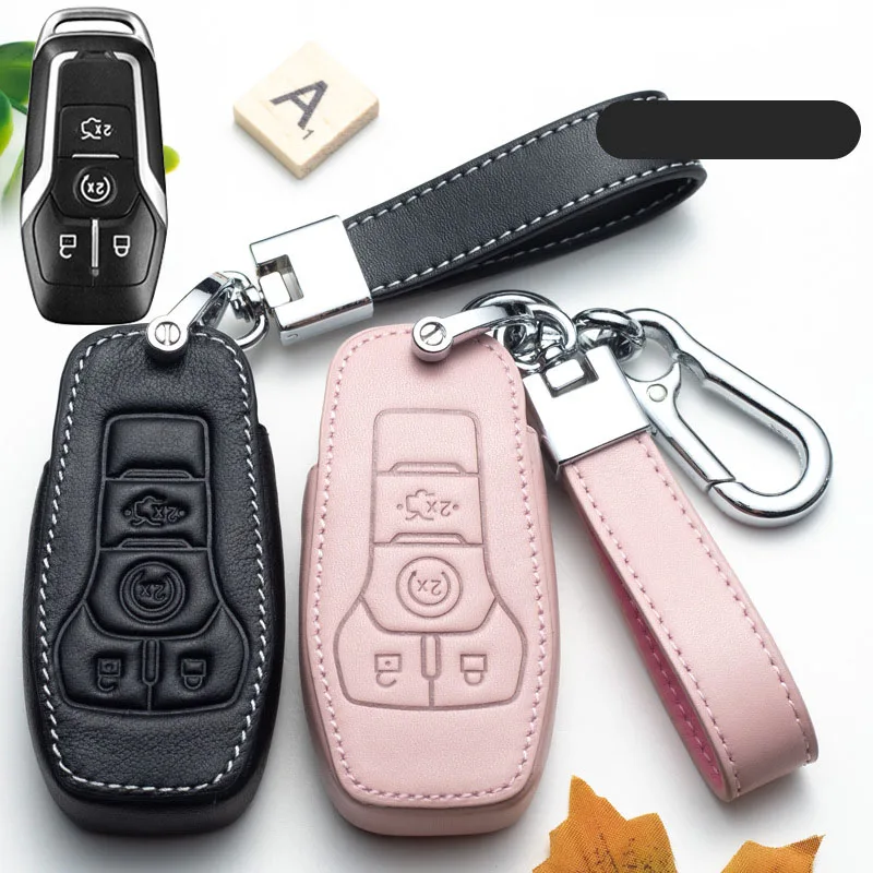 

Leather Car Key Case Cover for Ford Edge Explorer Fusion Mustang F-150 F-450 F-550 Lincoln MKZ MKC Smart Remote Fob Covers