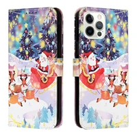 lovely painted leather case for iphone 13 12 11 pro max xr xs se 2020 6 7 8 plus wallet card holder flip cover christmas cartoon