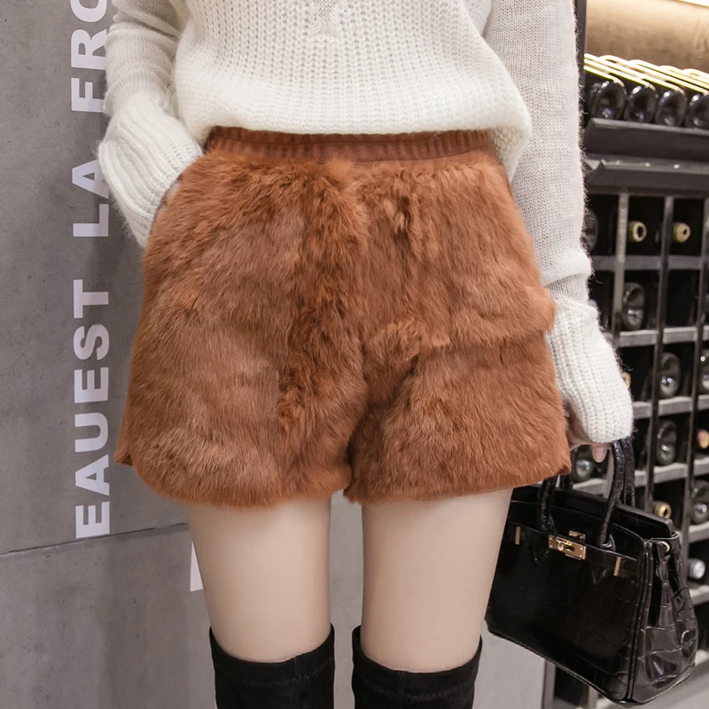 

High Waist Women Rabbit Fur Shorts Female Elastic Waist Wide Leg Short Pants With Pockets Booty Shorts