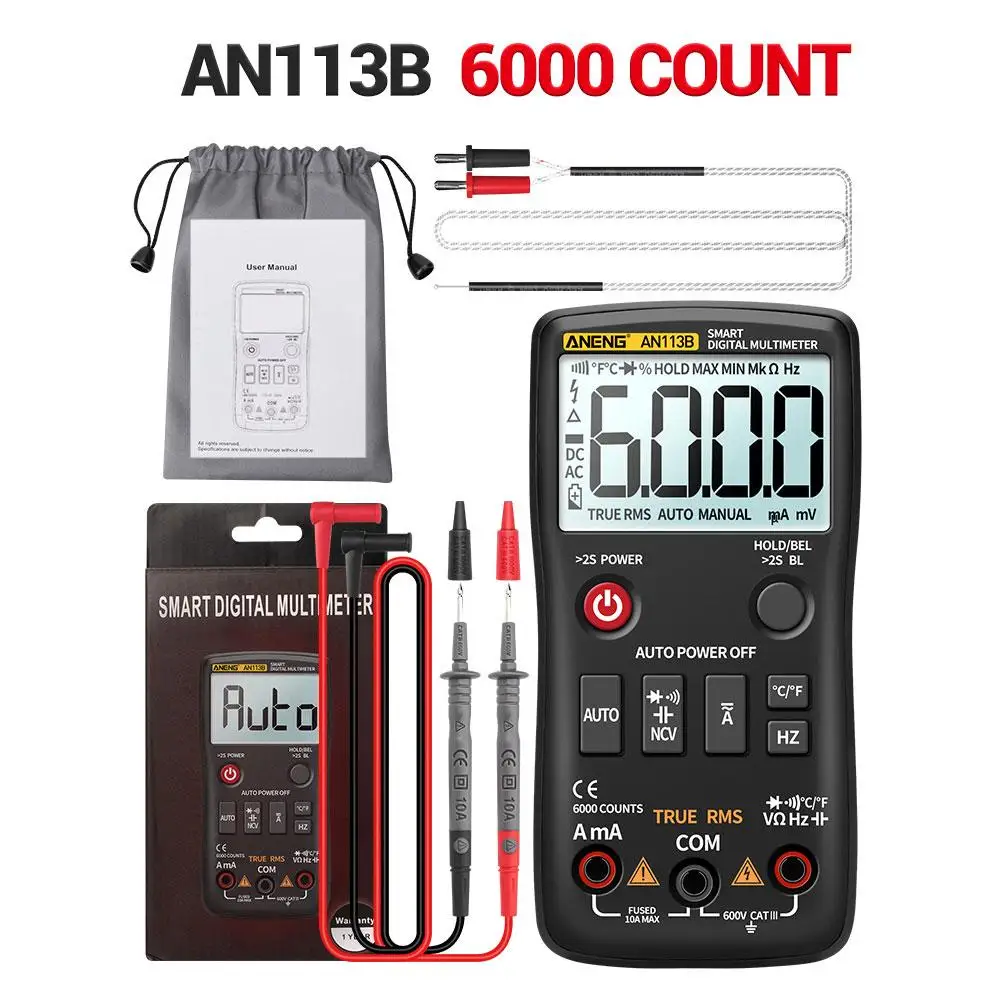 

Цифровой мультиметр AN113B 6000, амперметр переменного/постоянного тока, вольт, Ом, тестер, измеритель, мультиметр с термопарой, ЖК-подсветкой, по...