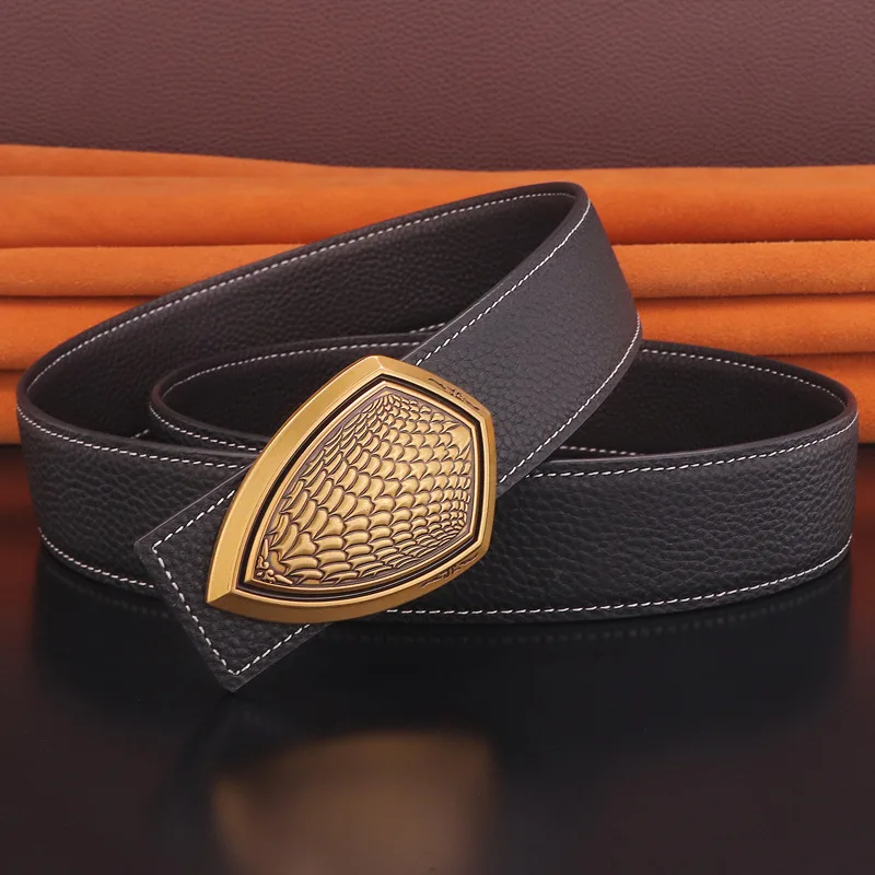 

Vinage Gold/Sliver Feather Scale Shield Belt For Men Genuine Leather Strap 3.8cm Casual Wild Women Retro Waist Belt