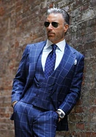 royal blue 3 piece men suits british plaid casual customized fit party suits handsome formal coatpantvest
