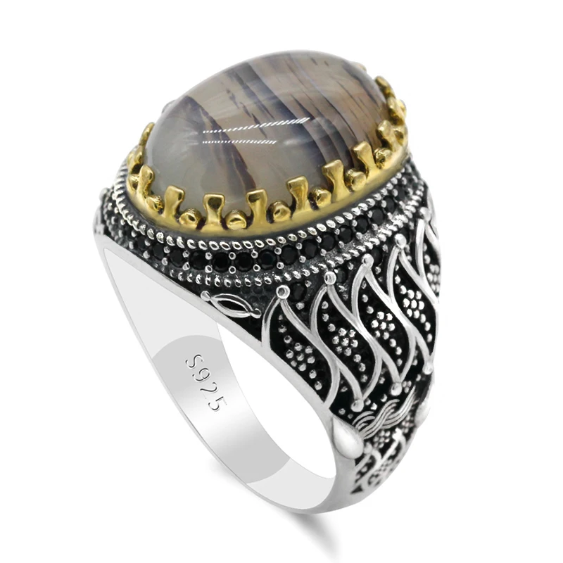 

Мужское кольцо из серебра 925 пробы с натуральным агатом и винтажным драгоценным камнем