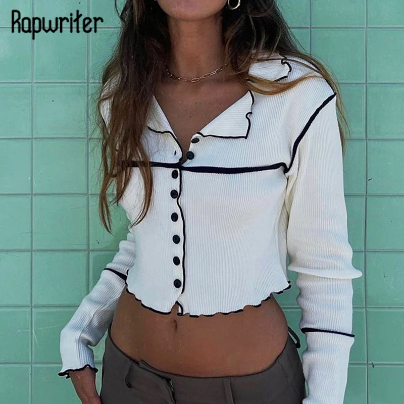 

Rapwriter Vintage Patchwork Crop Top Button Cardigan Frill Turn Down Collar Tshirt For Girl Harajuku Streetwear Autumn Clothing