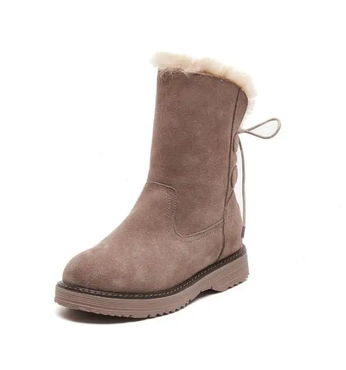 Brown Winter Leather Warm Snow Shoes Women Boots mid-calf Plush Fur Velvet Boots Female shoes Booties Woman Footwear y190 - Color: Brown