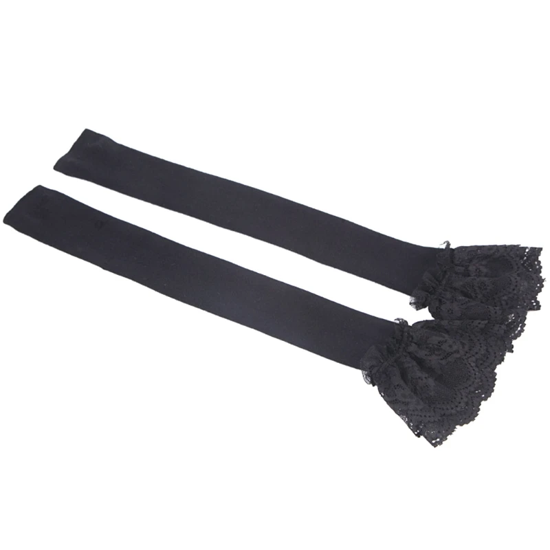 

Women Winter Ribbed Knit Black Arm Warmers Sleeves Double Layer Ruffled Floral Lace Patchwork Long Fingerless Gloves